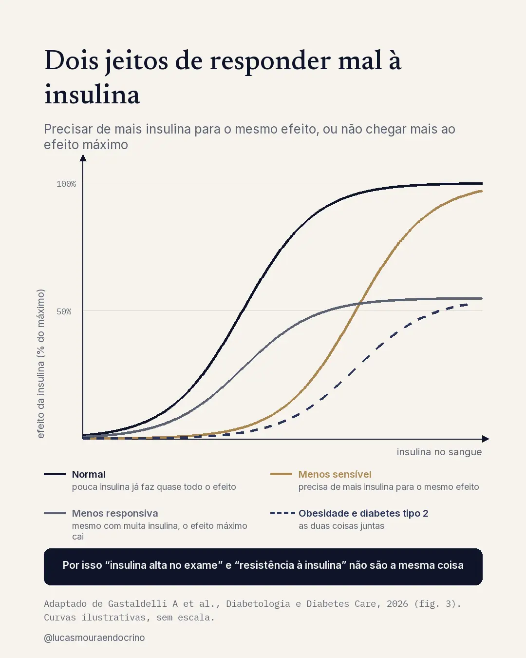 Dois jeitos de responder mal à insulina: menos sensibilidade (precisa de mais insulina) e menos resposta (o efeito máximo cai). Curvas ilustrativas, redesenhadas a partir da figura 3 de Gastaldelli et al., 2026.