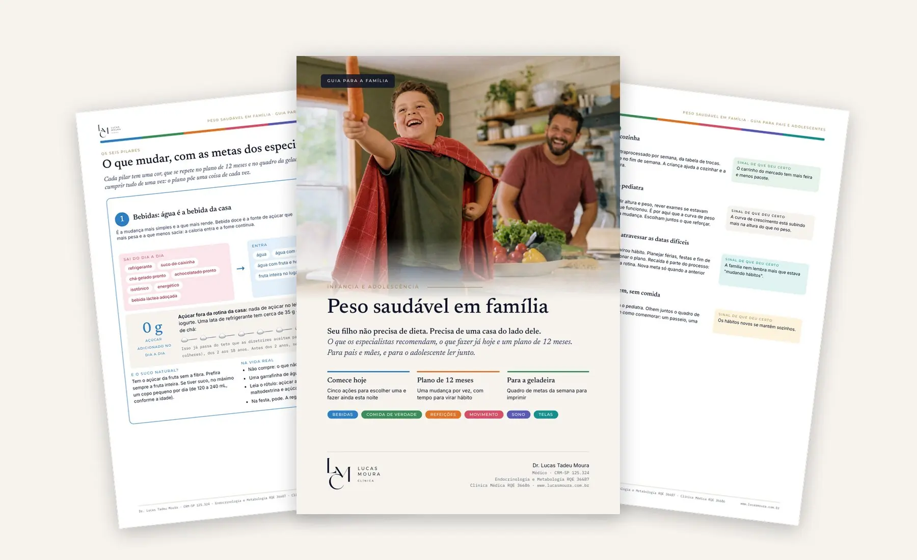Capa e duas páginas do guia Peso saudável em família: um menino de capa de super-herói erguendo uma cenoura na cozinha, com o pai rindo ao fundo, e páginas coloridas sobre bebidas e o plano de 12 meses