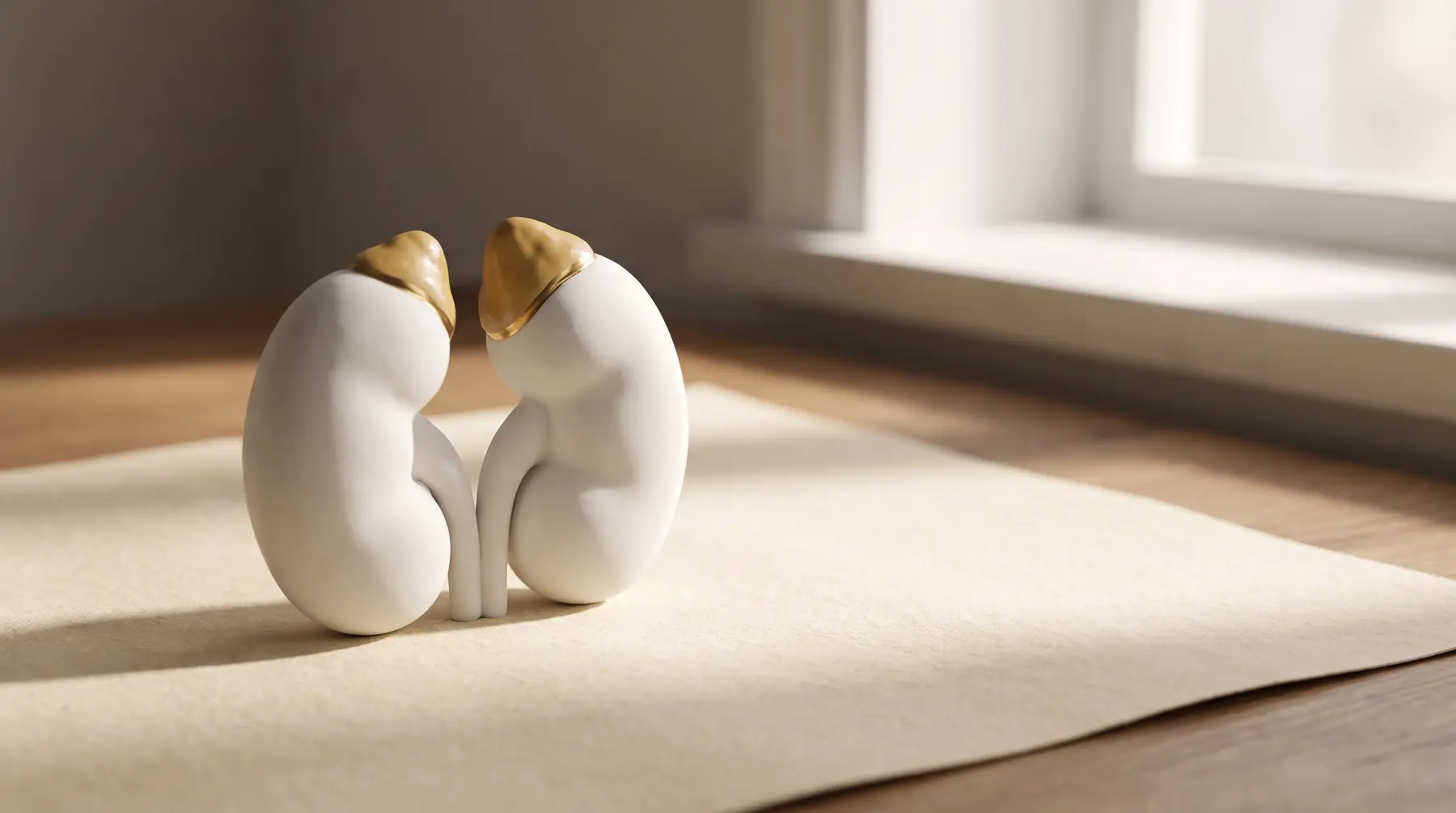 Escultura em porcelana dos rins com as glândulas adrenais em destaque