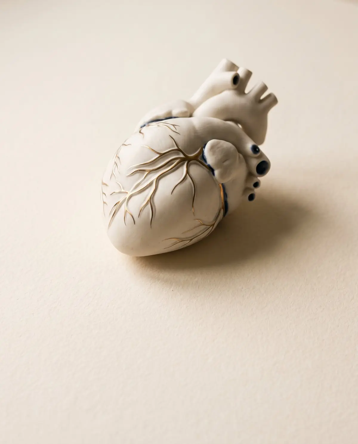 Escultura em porcelana de um coração humano com vasos em latão