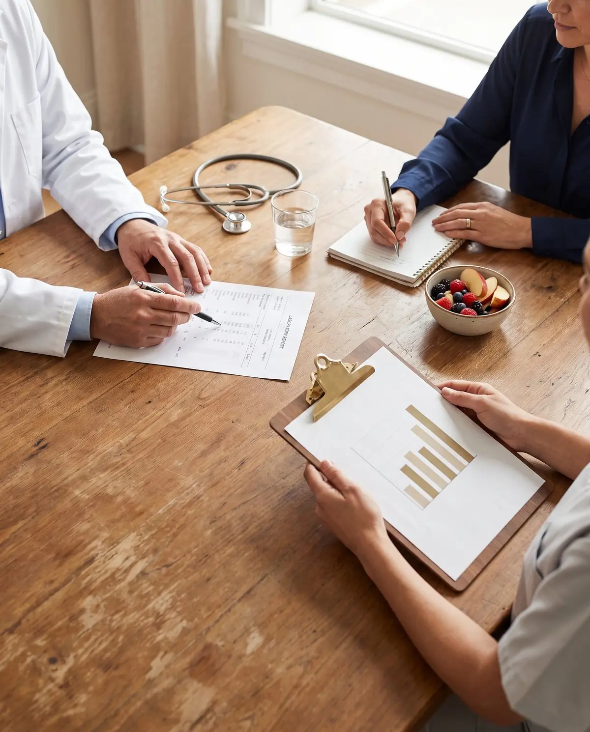 Mãos de três profissionais de saúde em volta de uma mesa, revisando exames, um plano alimentar e um gráfico de composição corporal