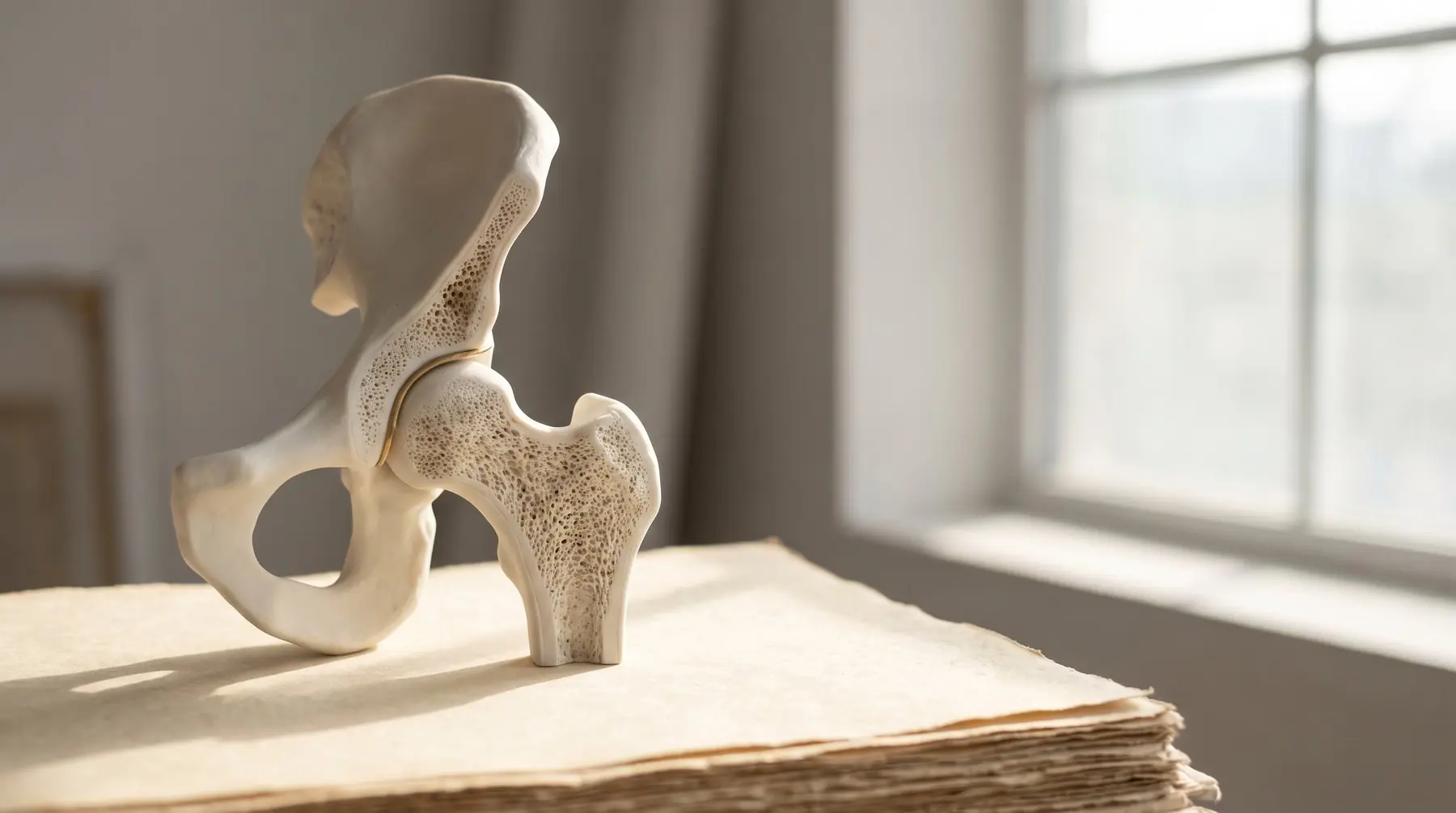 Escultura em porcelana do quadril e do fêmur mostrando o osso esponjoso