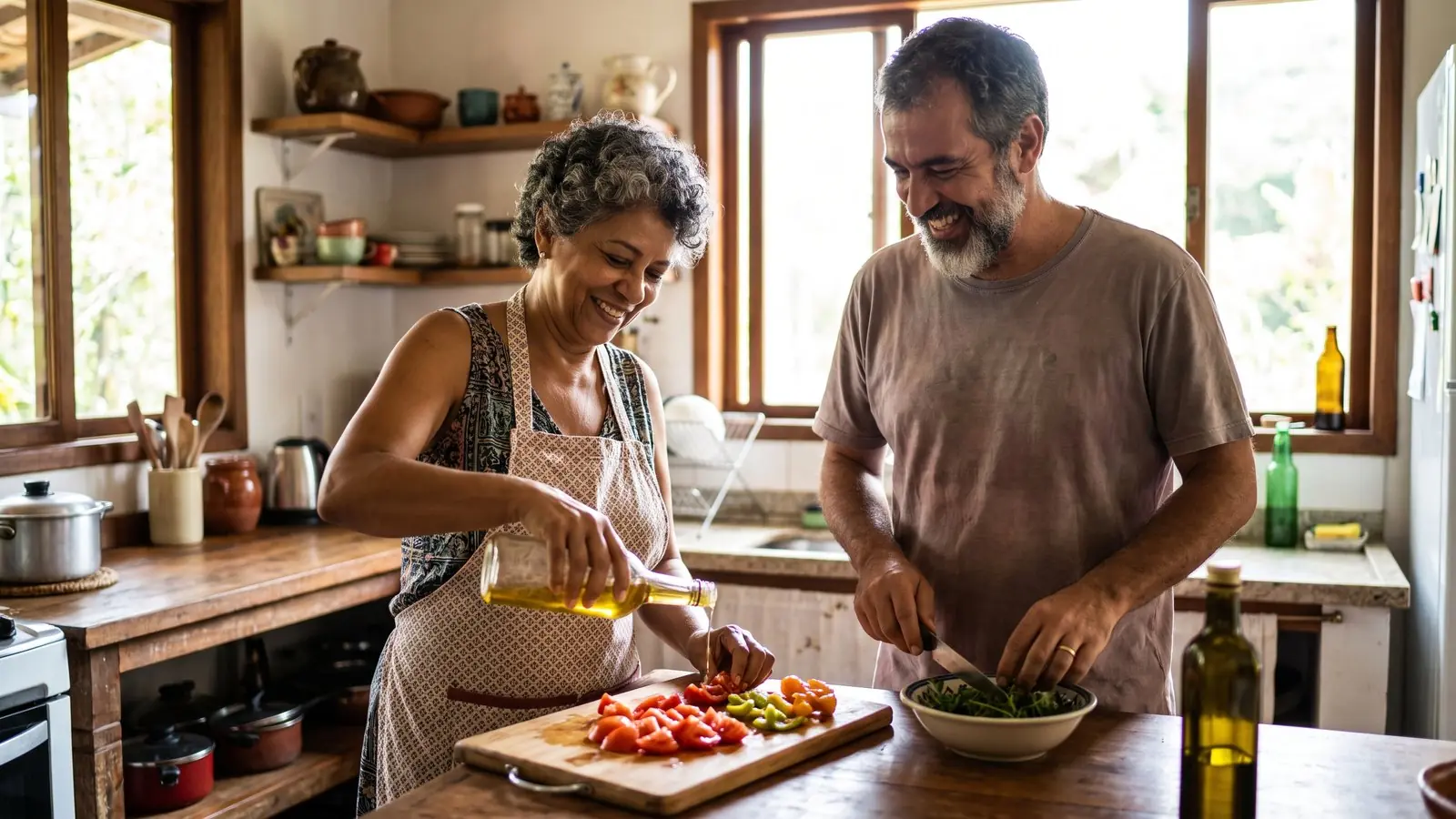 Casal maduro cozinha junto em casa, picando legumes e regando com azeite, em cozinha com luz do dia