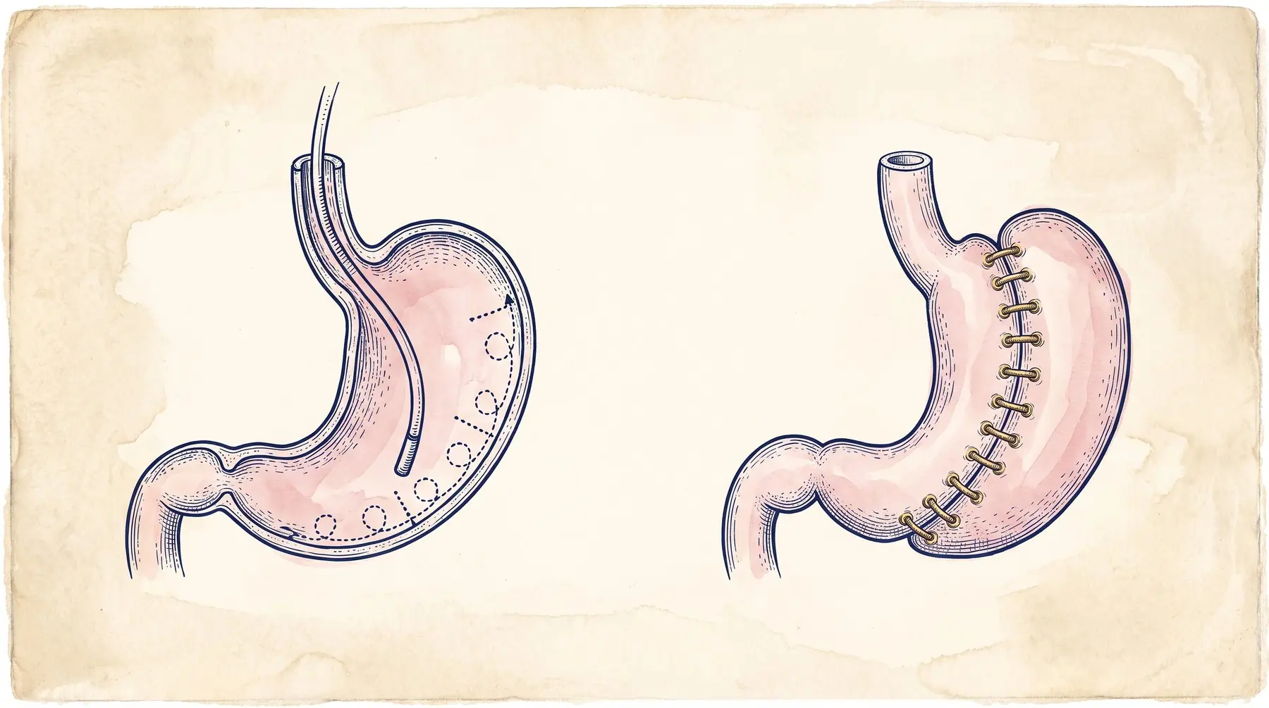 Ilustração em tinta sobre papel da gastroplastia endoscópica, com o endoscópio dentro do estômago à esquerda e o estômago pregueado por suturas internas à direita