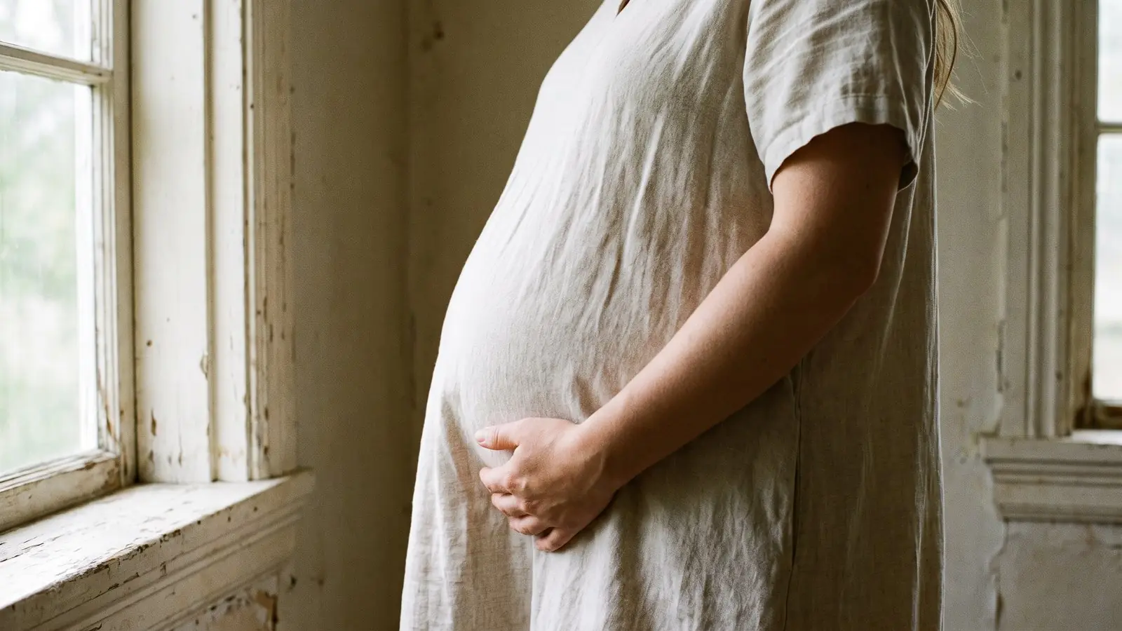 Gestante de vestido de linho, em perfil junto à janela, com a mão apoiada na barriga
