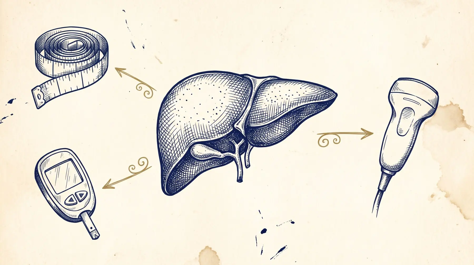 Ilustração em tinta sobre papel de um fígado ao centro, com fita métrica e glicosímetro à esquerda e uma sonda de ultrassom à direita
