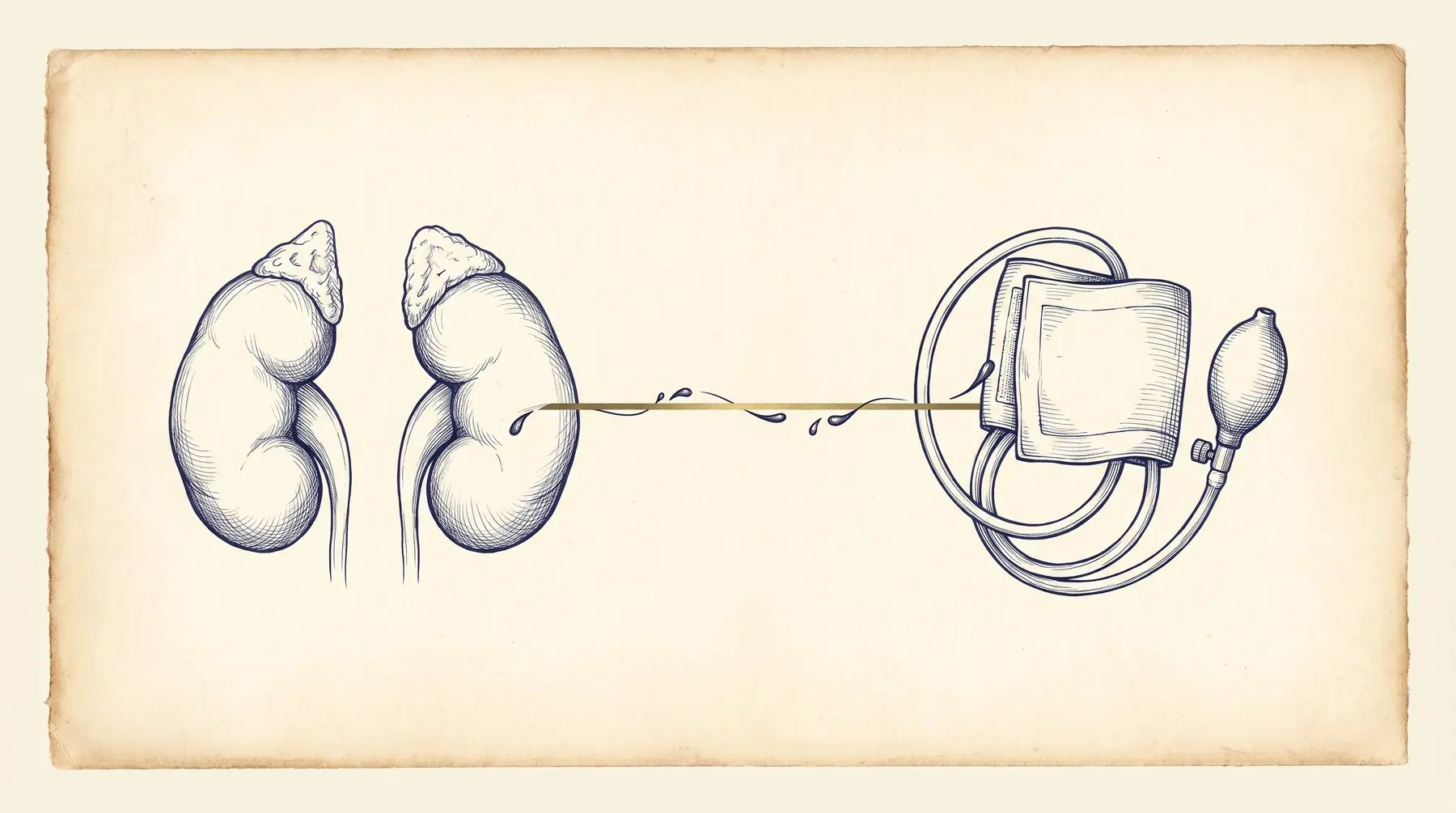 Ilustração em tinta sobre papel das glândulas adrenais sobre os rins, ligadas por uma seta ao coração e a um vaso sanguíneo