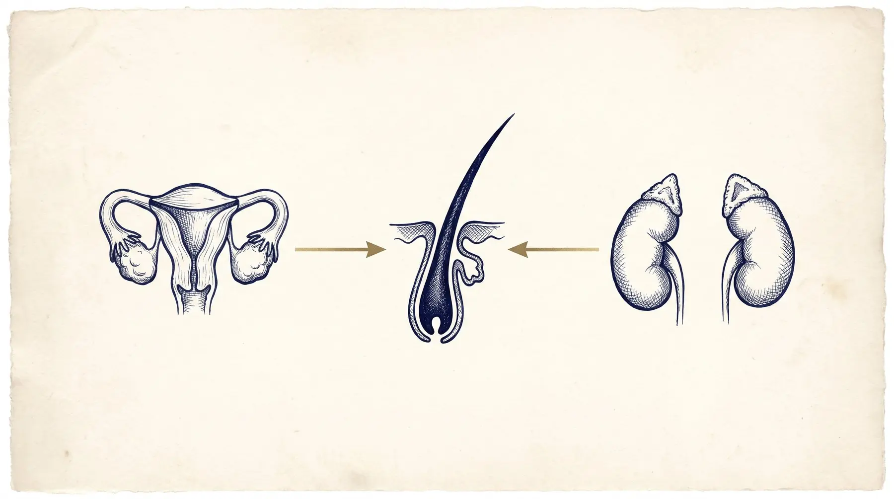 Ilustração em tinta sobre papel dos ovários e das glândulas adrenais ligados por setas a um folículo de pelo